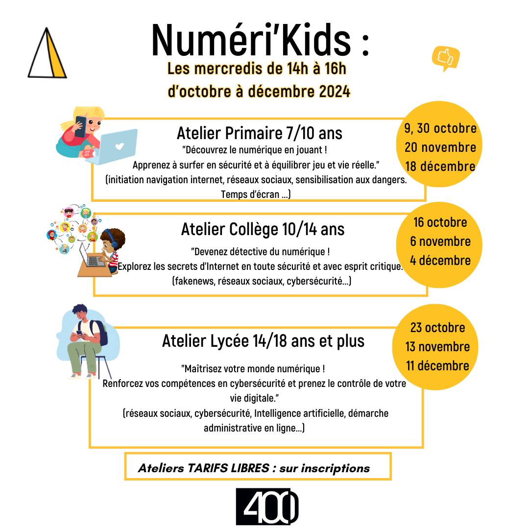 💻💯Fort du succès rencontré cet été, Numéri’Kids est de retour au 400 – Tiers Lieu Numérique pour une nouvelle session d’octobre à décembre 2024 ! 😍